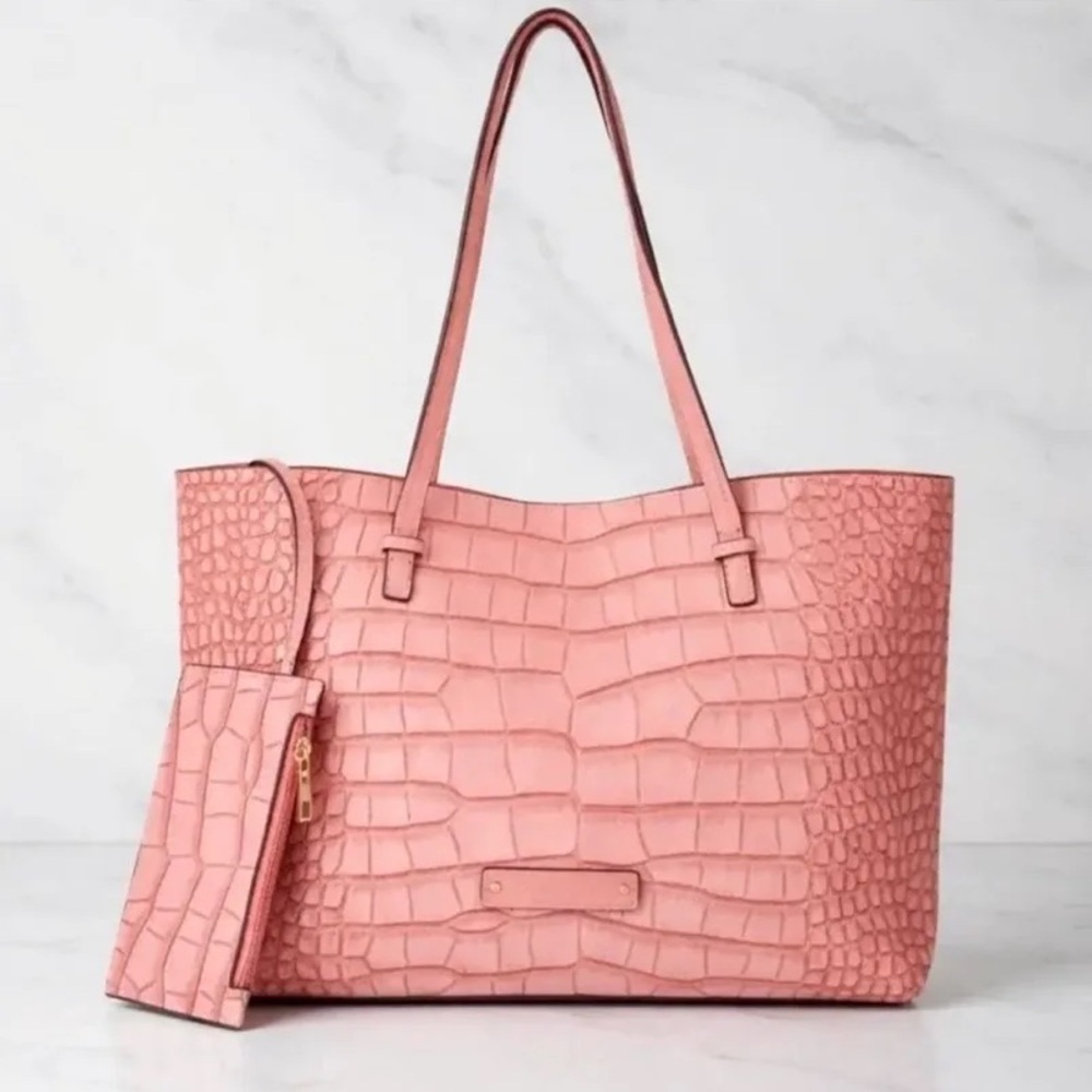 $200 NWT De Vesi Tote De L'amour Pink Crocodile-Embossed Tote Bag - Picture 2 of 6
